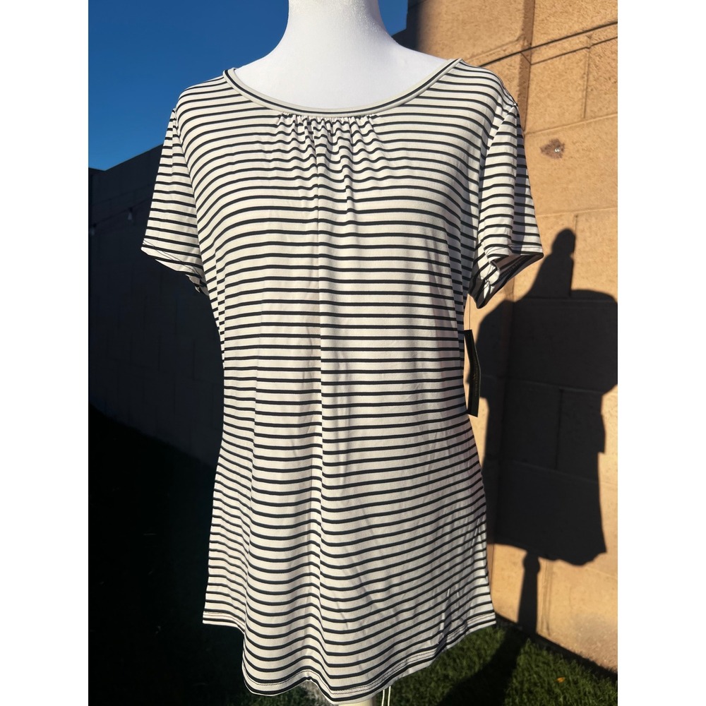 Worthington Womens Large Black White Striped Gathered Scoop Neck Short sleeve